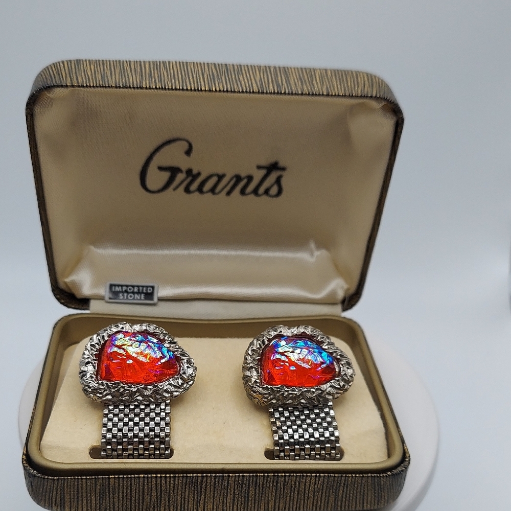 Grants Vtg Imported Stone Silvertone Cufflinks, VGC, Original Box.